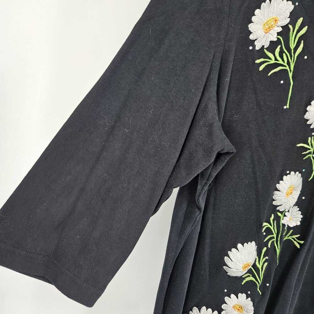 Black Daisy Embroidered Shirt Womens Large Floral Beaded 3/4 Sleeve Tunic Top - Picture 6 of 9